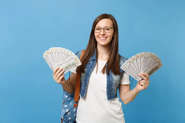 Retrato Una Joven Encantadora Estudiante Sonriente Gafas Con Mochila Sosteniendo —  Fotos de Stock