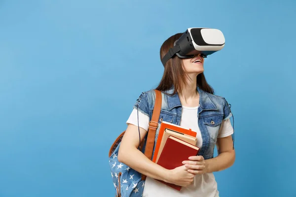 Retrato Una Joven Estudiante Ropa Mezclilla Con Mochila Con Gafas —  Fotos de Stock