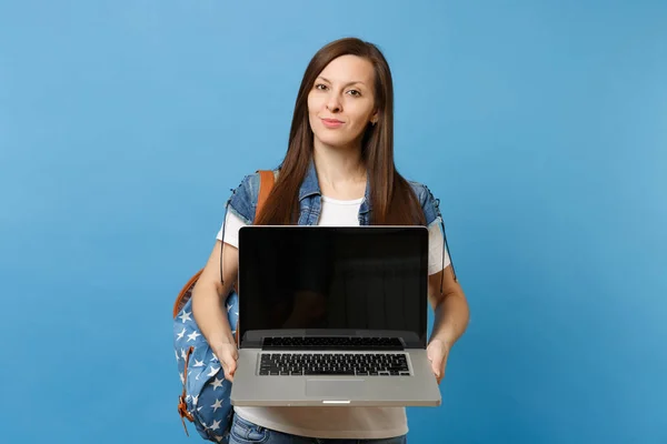 Young Lovely Woman Student Denim Clothes Backpack Holding Laptop Computer — Stock Photo, Image