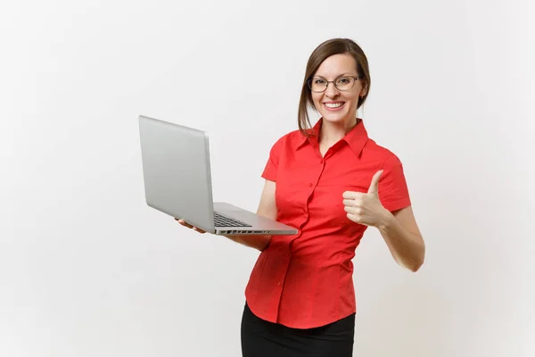 Portrait Beautiful Young Business Teacher Woman User Red Shirt Glasses — Stock Photo, Image