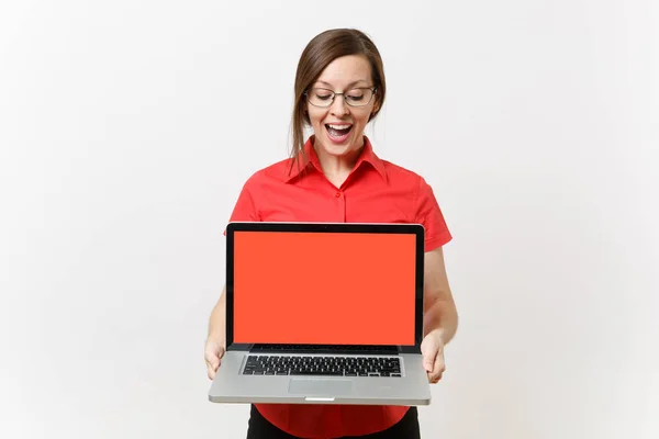 Portrait Business Teacher Woman Red Shirt Hold Laptop Computer Blank — Stock Photo, Image