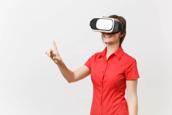 Mujer Negocios Auriculares Realidad Virtual Cabeza Toque Algo Como Pulsar —  Fotos de Stock