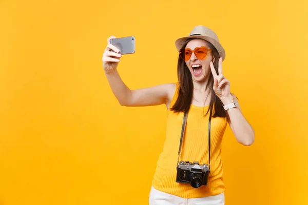 Tourist Woman Summer Casual Clothes Hat Doing Taking Selfie Shot — Stock Photo, Image