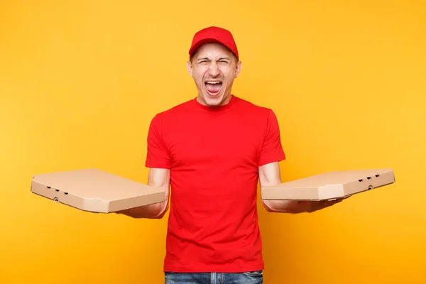 Entrega Homem Boné Vermelho Shirt Dando Caixas Pizza Ordem Alimentar — Fotografia de Stock