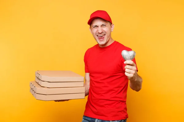 Entrega Homem Cap Shirt Dando Caixas Pizza Ordem Alimentar Isolado — Fotografia de Stock