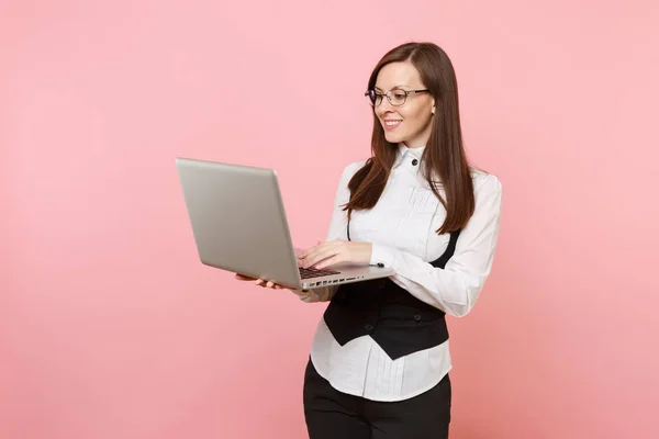Young Pleasant Successful Attractive Business Woman Glasses Holding Using Laptop — Stock Photo, Image