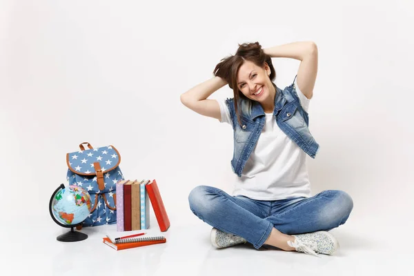 Genç Mutlu Gülümseyen Kadın Öğrenci Okul Kitapları Beyaz Arka Plan — Stok fotoğraf