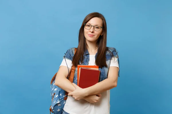 Portrait Young Attractive Pleasant Woman Student Wearing Glasses Backpack Hold — Stock Photo, Image