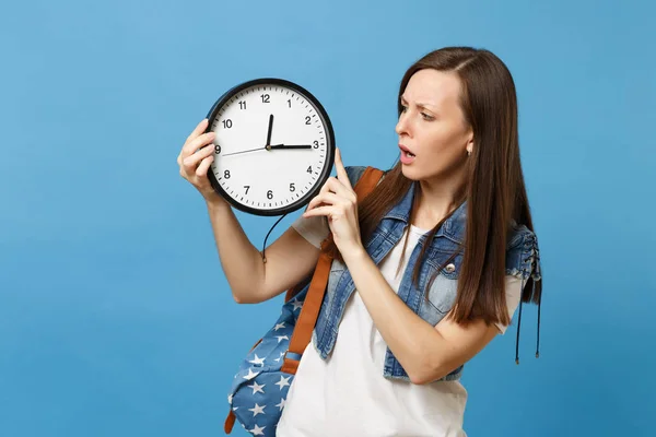 Portrait Young Concerned Dissatisfied Woman Student Backpack Hold Look Alarm — Stock Photo, Image