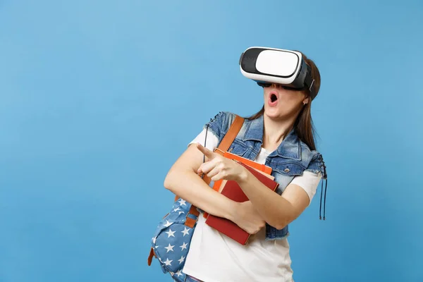 Young Shocked Woman Student Opened Mouth Backpack Virtual Reality Glasses — Stock Photo, Image