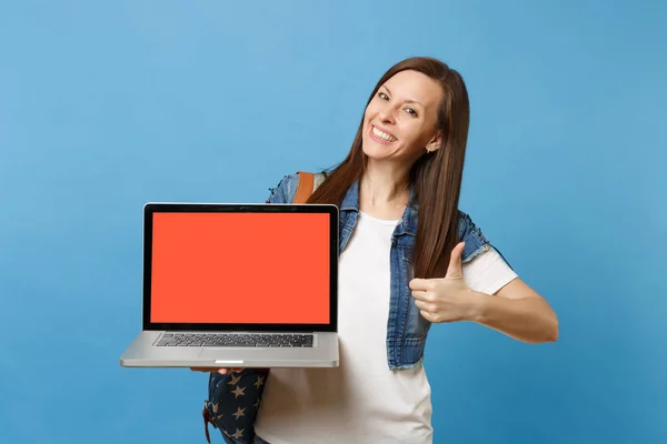 Young Smiling Woman Student Backpack Showing Thumb Holding Laptop Computer — Stock Photo, Image