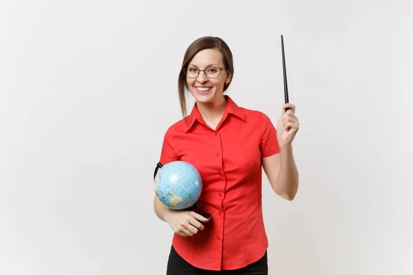 Retrato Mujer Profesora Negocios Gafas Falda Camisa Roja Sosteniendo Globo — Foto de Stock