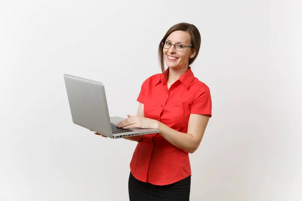 Portrait Beautiful Young Business Teacher Woman User Red Shirt Glasses — Stock Photo, Image