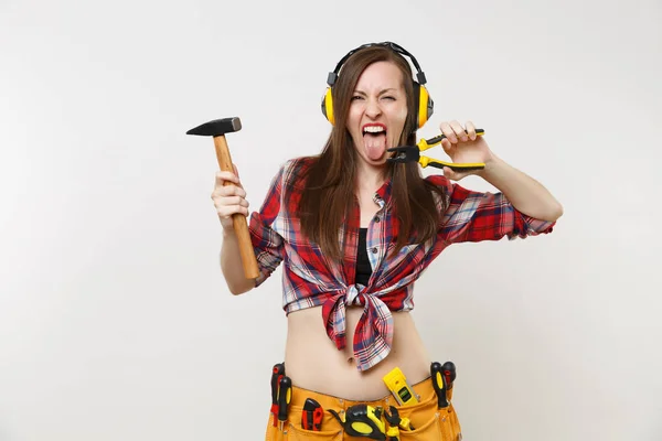 Fuerte Diversión Joven Manitas Mujer Camisa Cuadros Pantalones Cortos Mezclilla — Foto de Stock