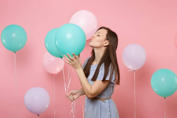 Portrait Pretty Tender Brunette Woman Wearing Blue Striped Dress Kissing — Stock Photo, Image