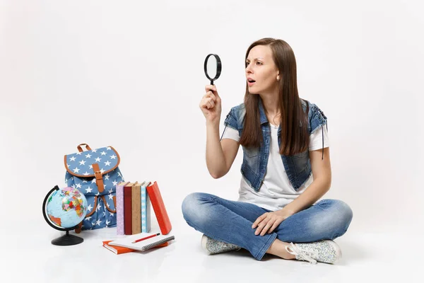 Young Concerned Casual Woman Student Holding Looking Magnifying Glass Sitting — Stock Photo, Image