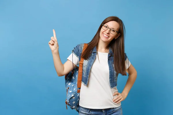 Retrato Una Joven Estudiante Alegre Ropa Mezclilla Gafas Con Mochila —  Fotos de Stock