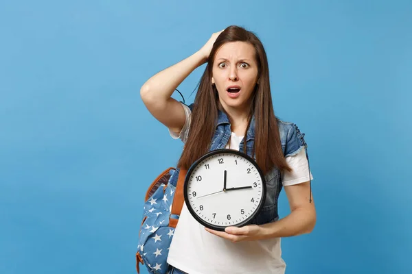 Portrait Young Dissatisfied Woman Student Backpack Clinging Head Holding Alarm — Stock Photo, Image