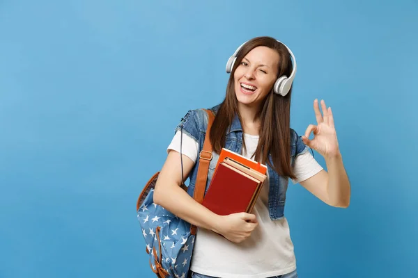 Young Cheerful Woman Student Denim Clothes Backpack Headphones Listen Music — Stock Photo, Image