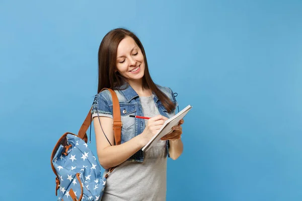 Porträtt Ung Kvinna Som Behaglig Söt Student Grå Shirt Denim — Stockfoto