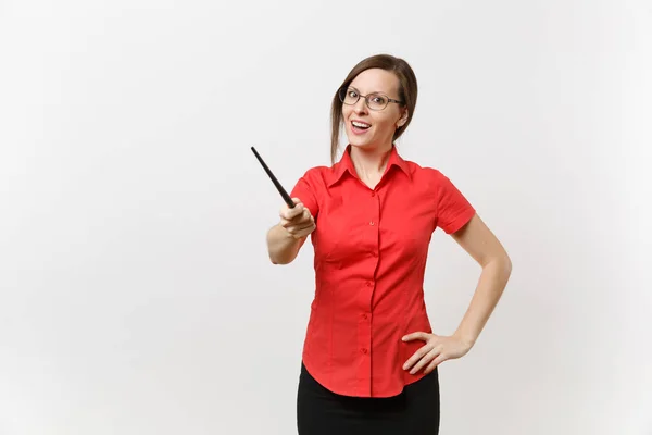 Retrato Una Joven Profesora Negocios Con Gafas Falda Camisa Roja — Foto de Stock