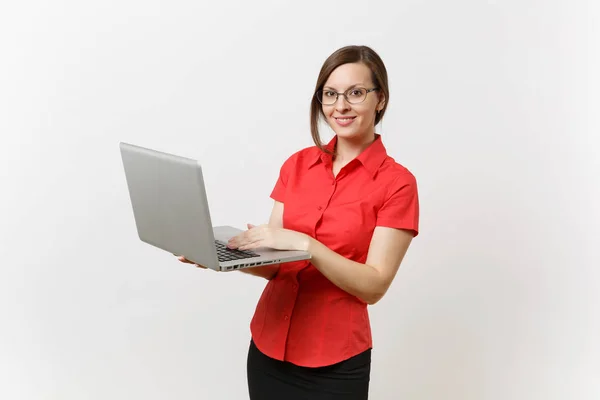 Portrait Beautiful Young Business Teacher Woman User Red Shirt Glasses — Stock Photo, Image