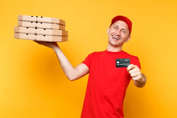 Entrega Homem Shirt Boné Vermelho Dando Caixas Pizza Ordem Alimentar — Fotografia de Stock