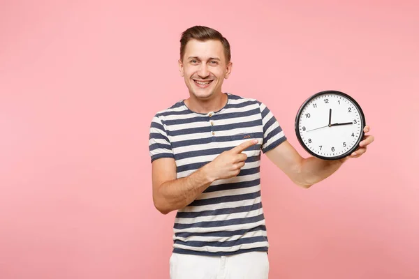 Portrait Smiling Happy Man Wearing Striped Shirt Holding Clock Copy — Stock Photo, Image