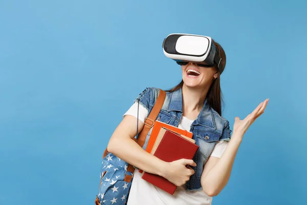 Young Excited Woman Student Denim Clothes Backpack Wearing Virtual Reality — Stock Photo, Image