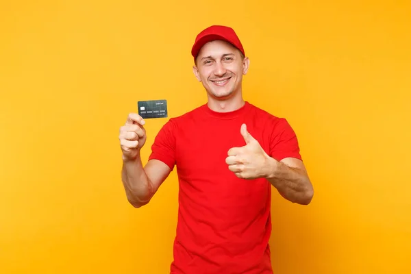 Homem Entrega Uniforme Vermelho Isolado Fundo Laranja Amarelo Empregado Sexo — Fotografia de Stock