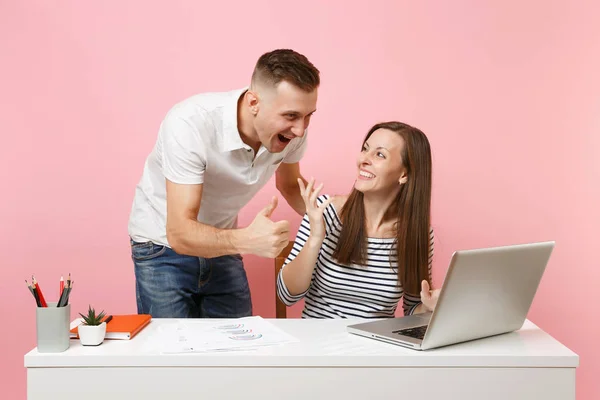 Two Young Smiling Business Woman Man Colleagues Sit Work White — Stock Photo, Image