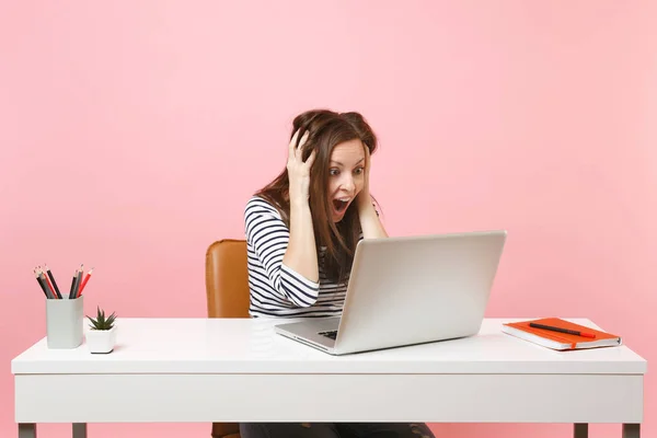 Crazy woman in casual clothes screaming clinging to head work on project with laptop while sit at office isolated on pastel pink background. Achievement business career. Copy space for advertisement