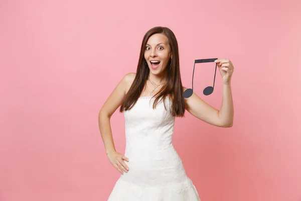 Excited Pretty Bride Woman White Wedding Dress Holding Musical Note — Stock Photo, Image