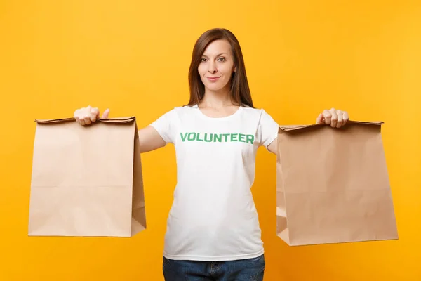 Portrait Woman White Shirt Written Inscription Green Title Volunteer Hold — Stock Photo, Image