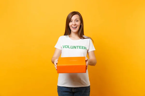 Portrait Smiling Woman White Shirt Written Inscription Green Title Volunteer — Stock Photo, Image
