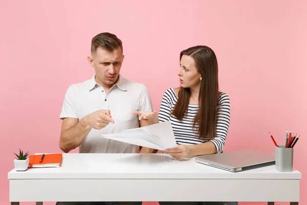 Two Young Tired Business Woman Man Colleagues Sit Work White — Stock Photo, Image