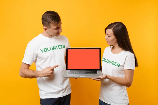 Colleagues Couple White Shirt Inscription Volunteer Hold Laptop Computer Blank — Stock Photo, Image