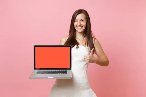 Joyful Bride Woman Wedding Dress Showing Thumb Holding Laptop Computer — Stock Photo, Image