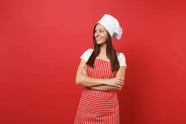 Hausfrau Köchin Oder Bäcker Gestreifter Schürze Weißem Shirt Haubenkochmütze Isoliert — Stockfoto