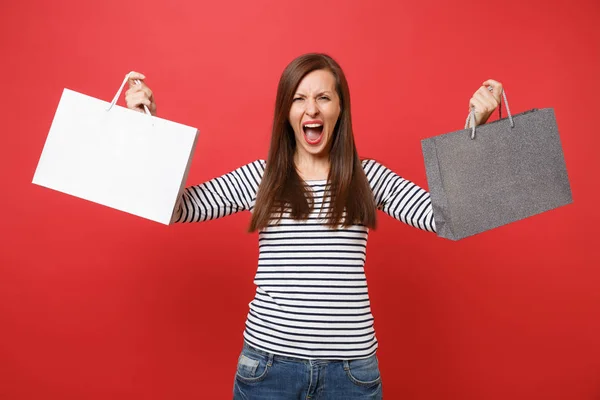 Angry Young Woman Screaming Spreading Hands Holding Packages Bags Purchases — Stock Photo, Image