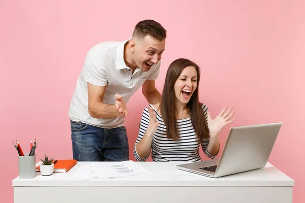 Two Young Smiling Business Woman Man Colleagues Sit Work White — Stock Photo, Image