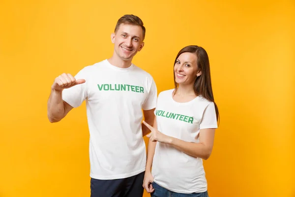 Portrait Young Colleagues Couple White Shirt Written Inscription Green Title — Stock Photo, Image