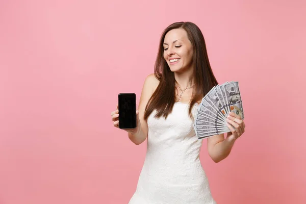 Pretty Bride Woman Wedding Dress Holding Bundle Lots Dollars Cash — Stock Photo, Image