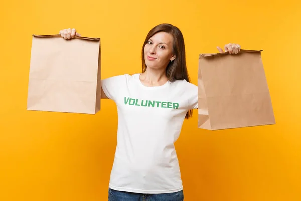 Portrait Woman White Shirt Written Inscription Green Title Volunteer Hold — Stock Photo, Image