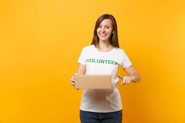 Portrait Smiling Woman White Shirt Written Inscription Green Title Volunteer — Stock Photo, Image