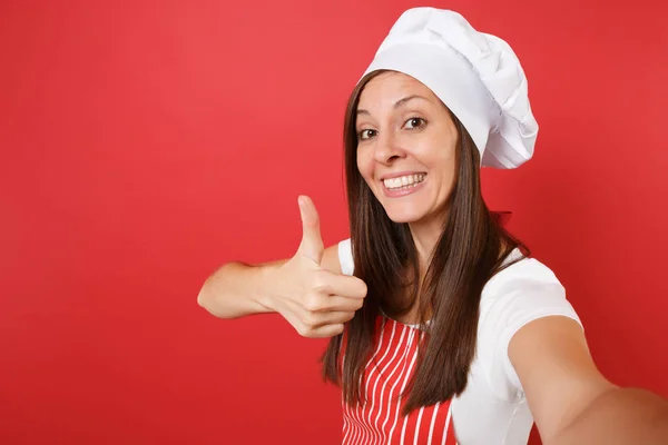 Ama Casa Cocinera Panadera Delantal Rayado Camiseta Blanca Sombrero Chefs — Foto de Stock