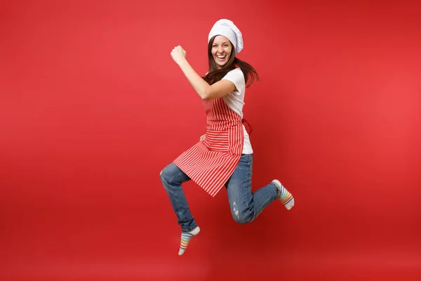 Hospodyňka Žena Kuchař Kuchař Nebo Baker Pruhované Zástěry Bílé Tričko — Stock fotografie