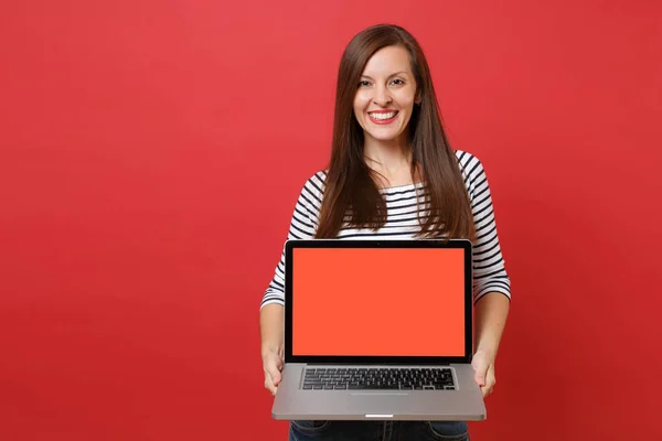 Portrait Smiling Young Woman Striped Clothes Holding Laptop Computer Blank — Stock Photo, Image