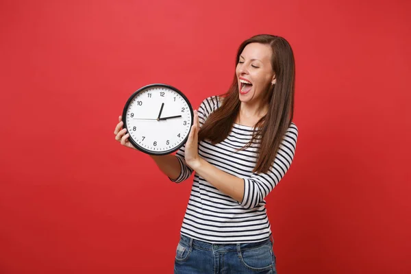 Cheerful Young Woman Striped Clothes Keeping Mouth Wide Open Looking — Stock Photo, Image