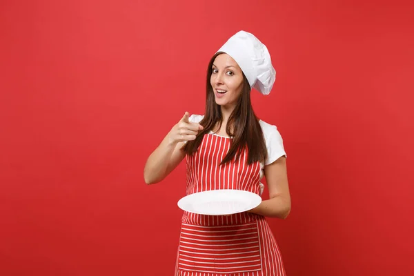 Huisvrouw Vrouwelijke Chef Kok Bakker Gestreepte Schort Witte Shirt Toque — Stockfoto